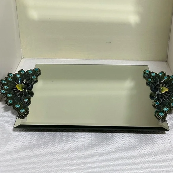 Vintage Enamel Rhinestone Pewter Peacock Mirror Vanity Tray